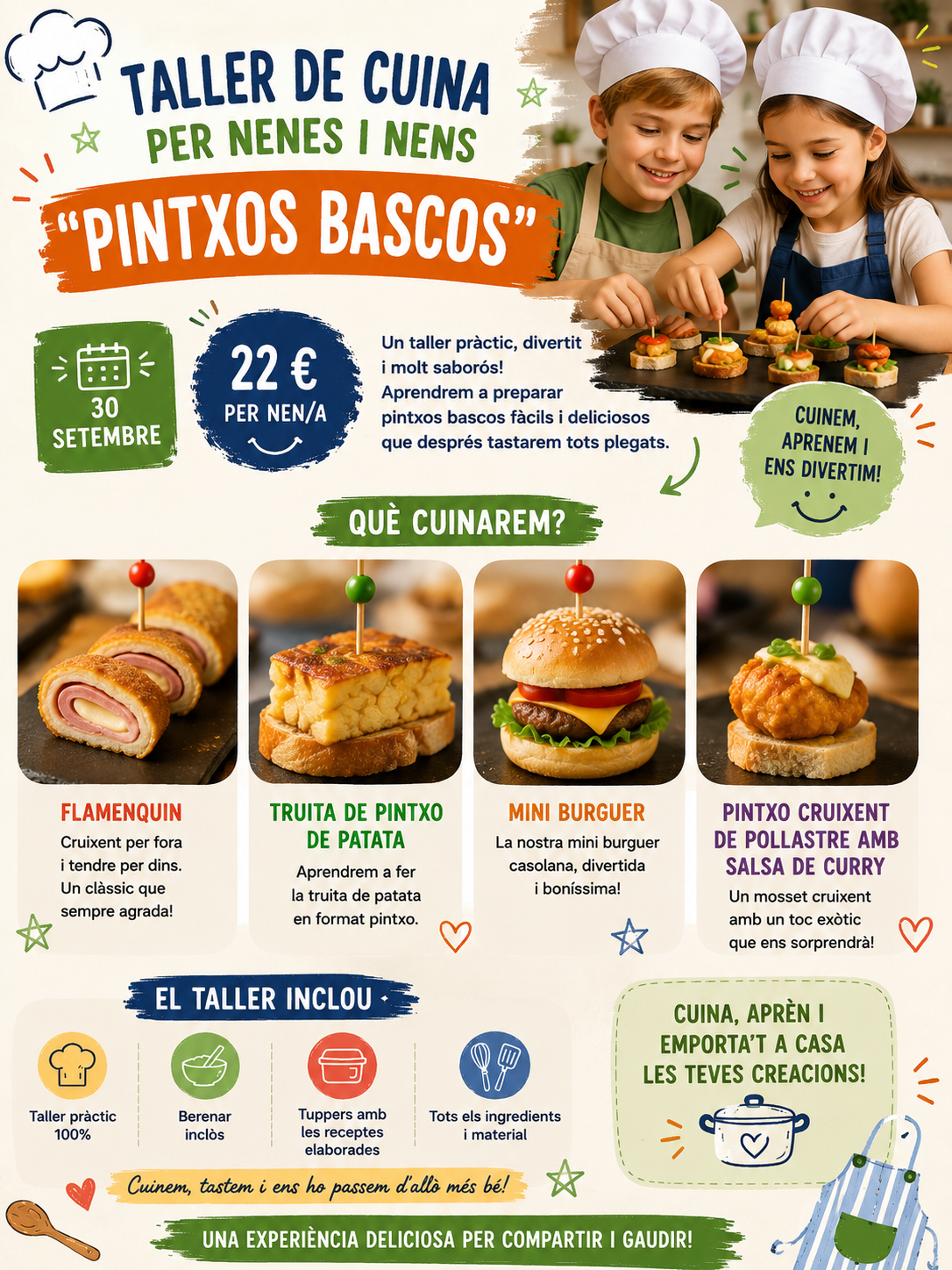 Taller de cuina per nenes i nens - 22 € Pintxos bascos